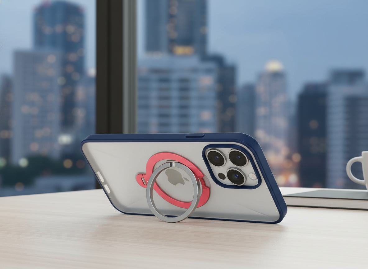 A premium hybrid phone case with a clear rigid back and colored flexible bumpers featuring an integrated circular kickstand, mounted on a modern smartphone on a clean desk.