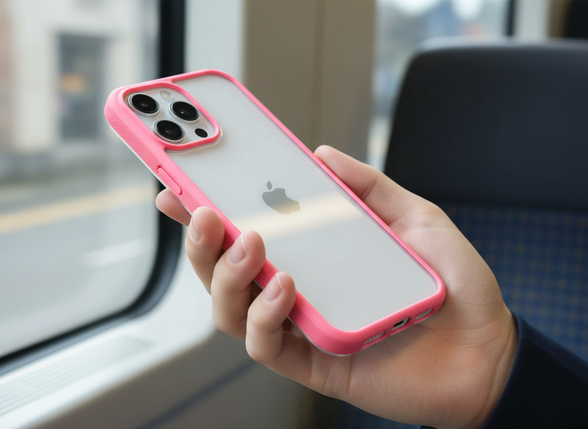 A close-up lifestyle shot showing the grip and clarity of a hybrid TPU and PC phone case being held in one hand during a commute.